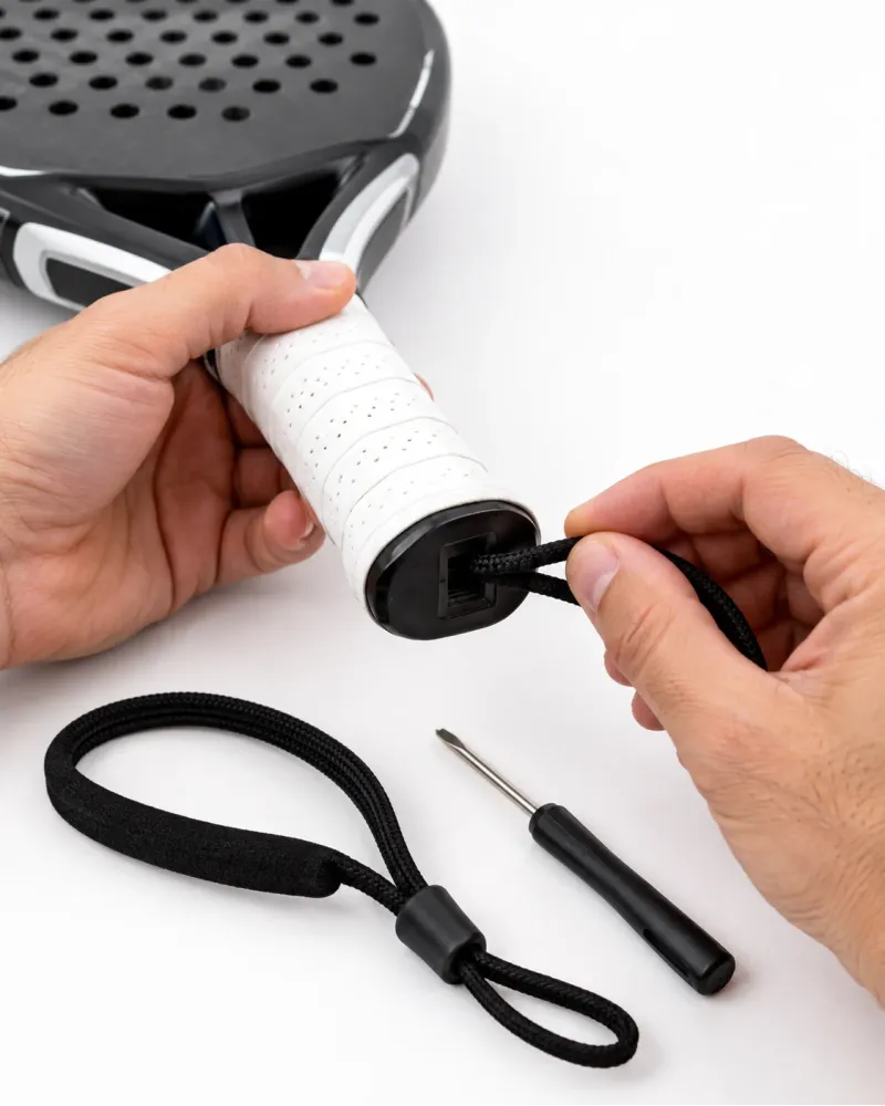 ¿Cómo se pone el cordón de seguridad en el mango de una pala de pádel?