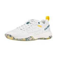 Zapatilla de pádel Salming Rebel en blanco, azul y amarillo