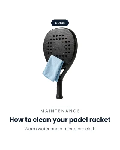 Black padel racket with a blue microfibre cloth