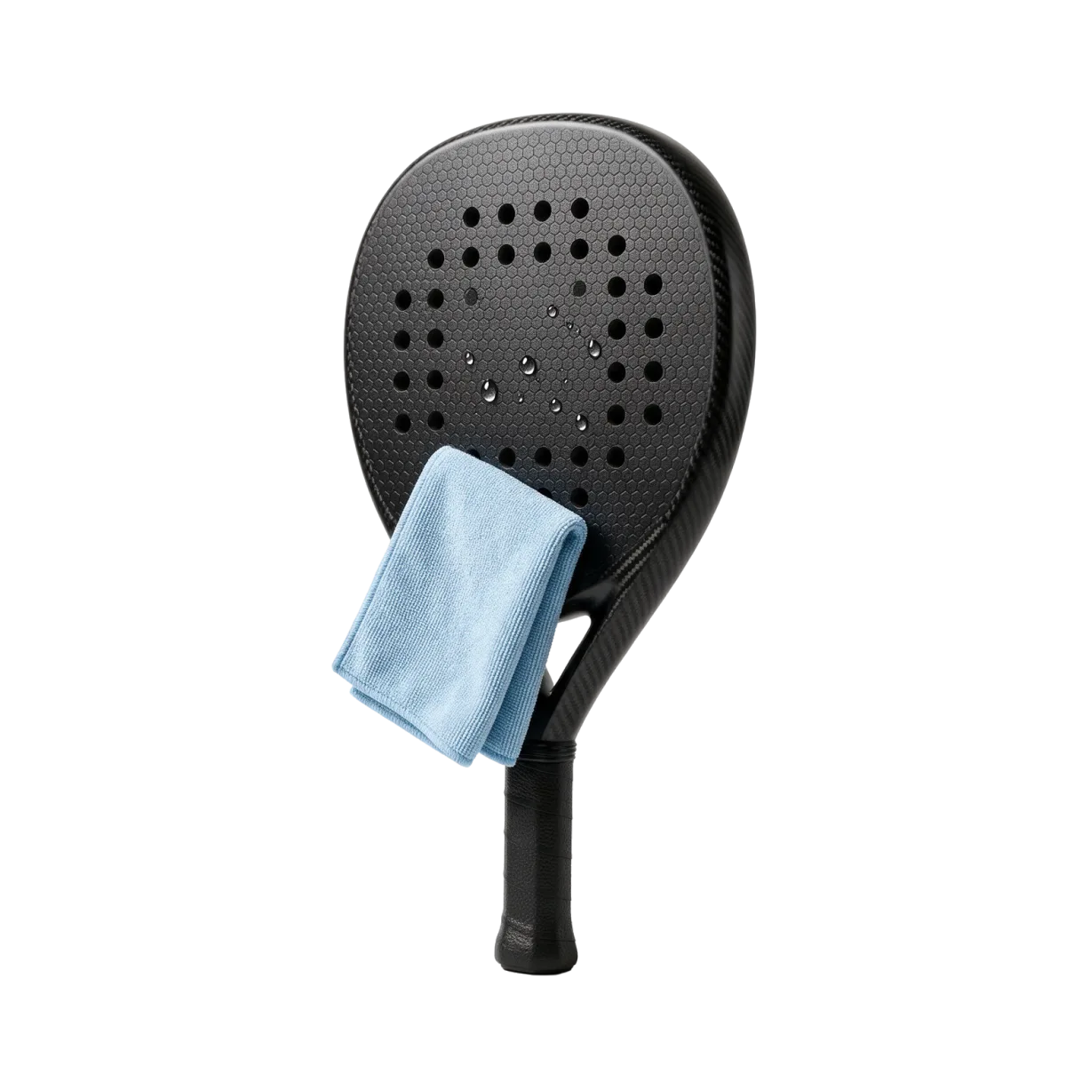 Padel racket and blue microfibre cloth on a white background