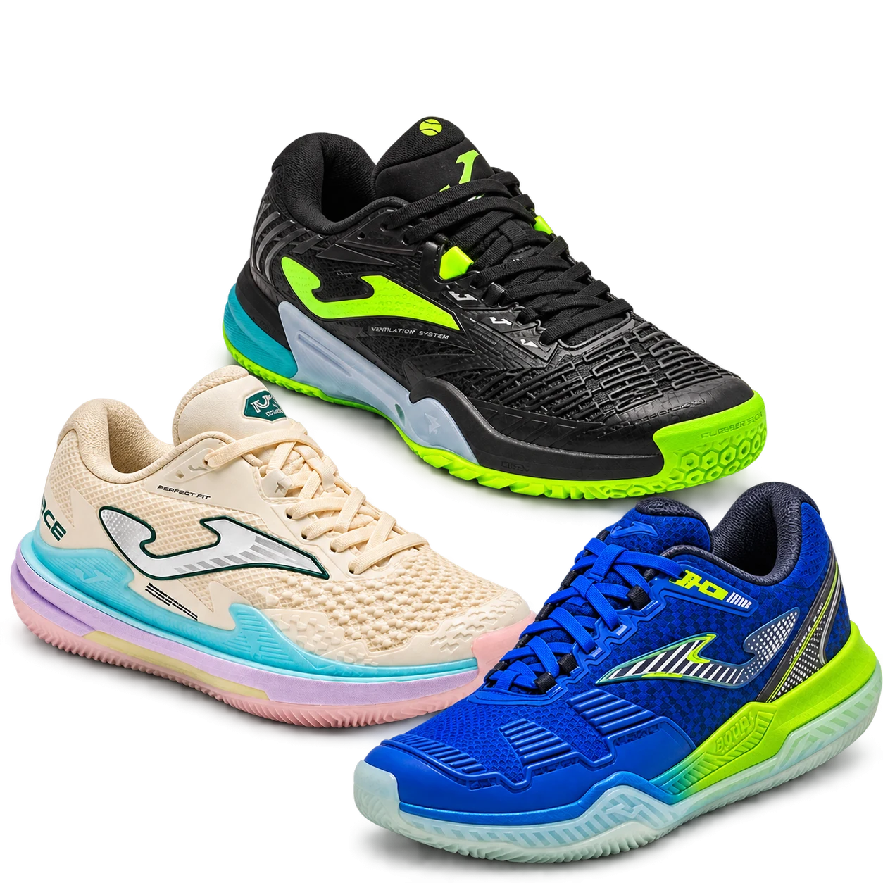 Tres zapatillas de pádel Joma: una negra con verde flúor, una beis con suela de colores y una azul con verde flúor, sobre fondo blanco