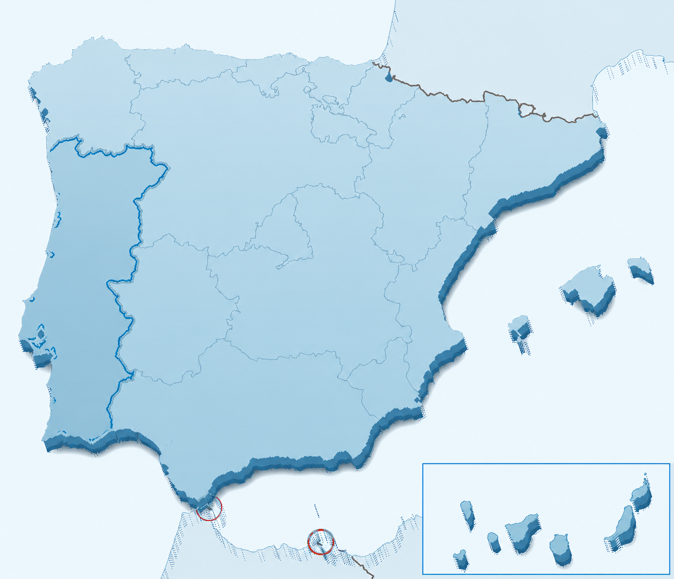 Map of Spain with the Balearic Islands, Canary Islands, Ceuta and Melilla